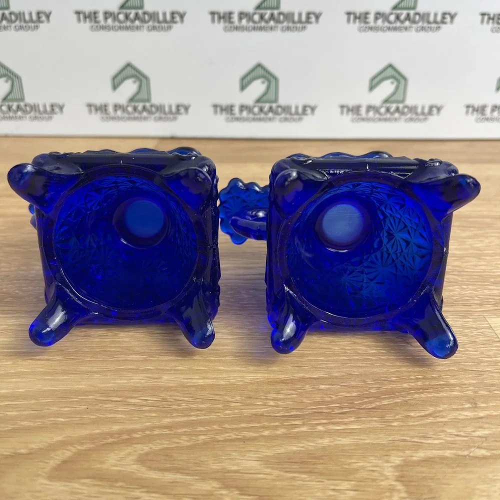 Vintage Cobalt Blue Daisy and Button Glass Candle Holder Pair Finger Loop 3in